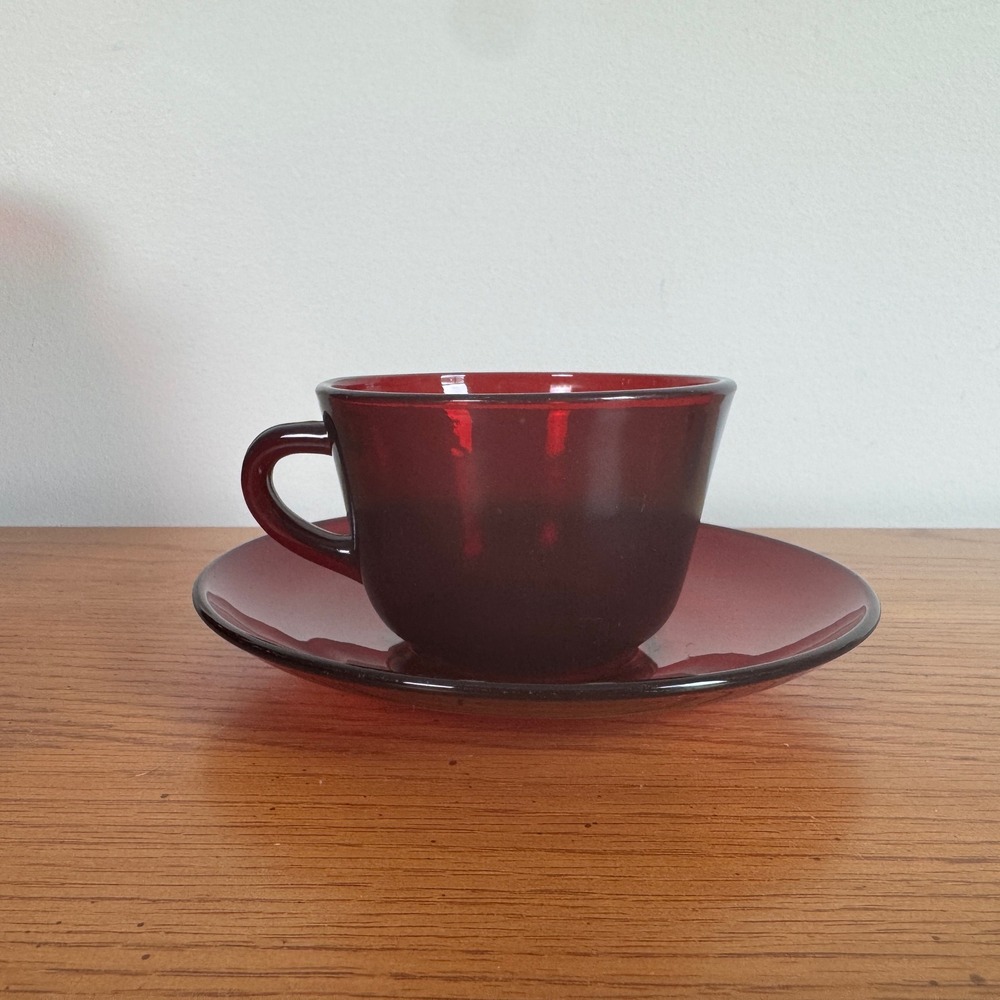 Vintage Anchor Hocking Royal Ruby‎ Red Glass Teacup and Saucer Set MCM